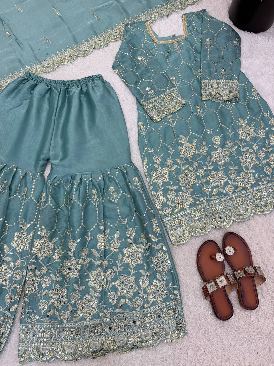 Luxury Silk Sharara Suit with Real Mirror Hand Work