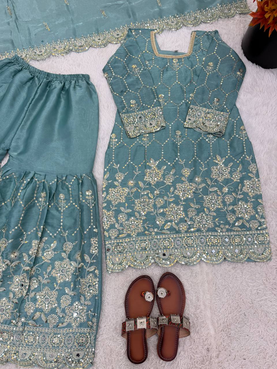 Luxury Silk Sharara Suit with Real Mirror Hand Work