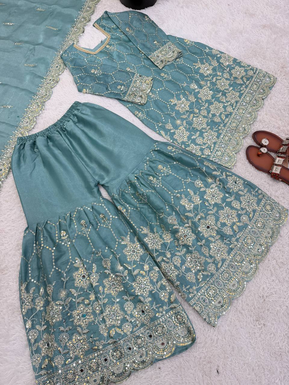 Luxury Silk Sharara Suit with Real Mirror Hand Work