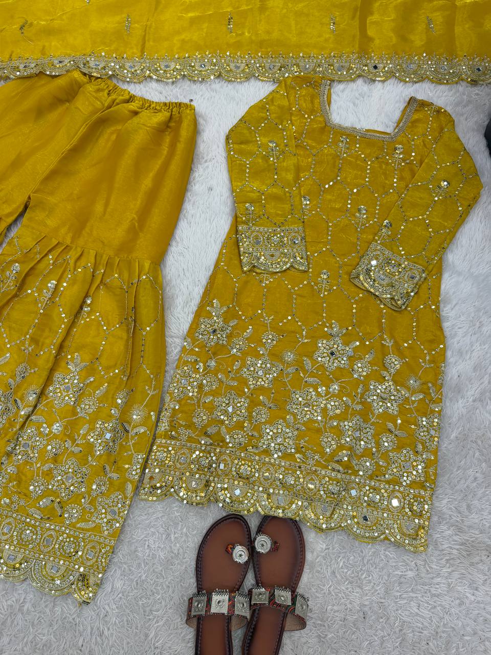 Designer Party Wear Mirror Work Sharara Set