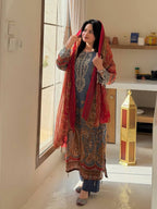 Printed Chinon Palazzo Suit with Silver Diamond Neck Work