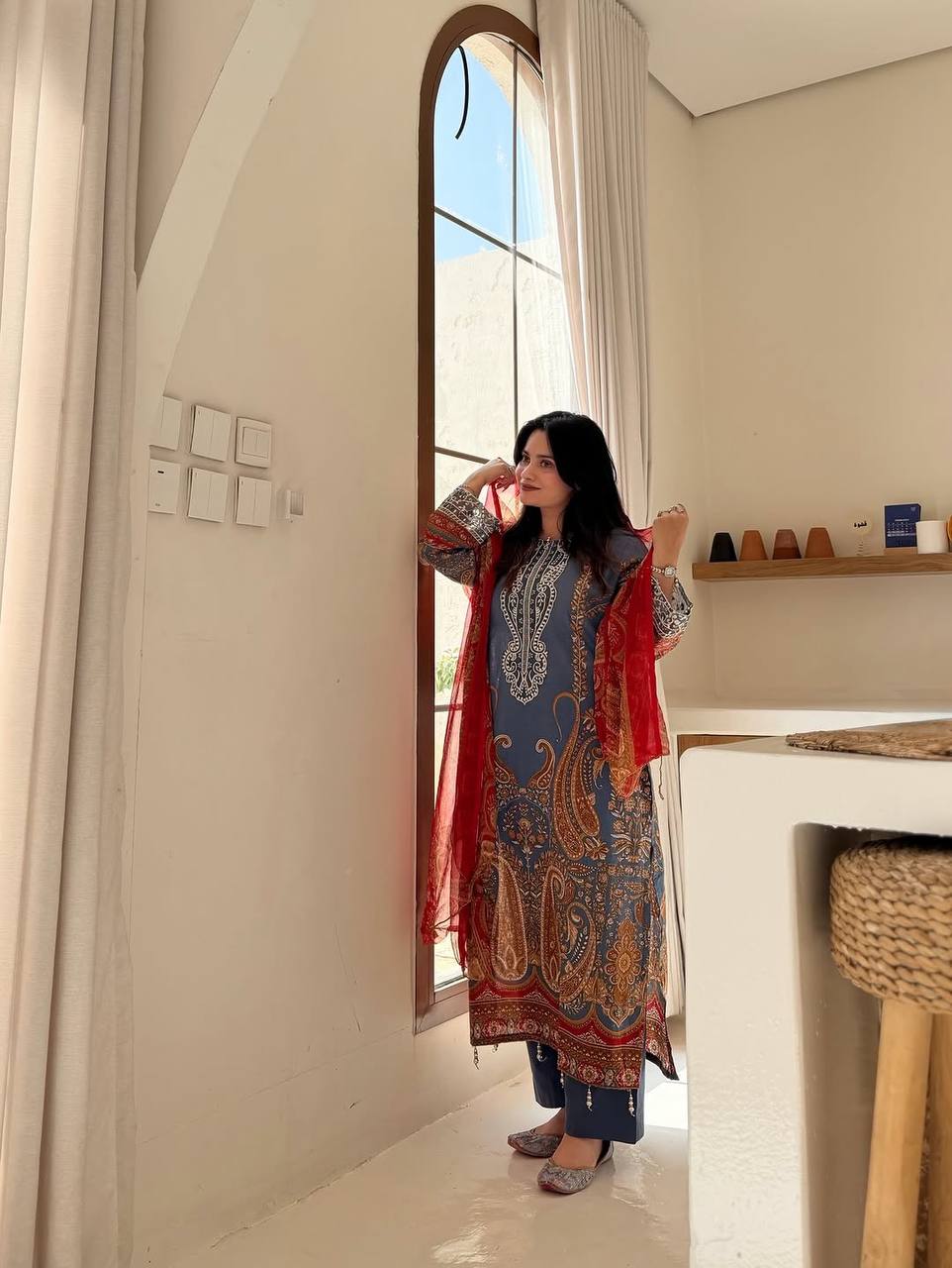 Printed Chinon Palazzo Suit with Silver Diamond Neck Work