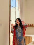 Printed Chinon Palazzo Suit with Silver Diamond Neck Work