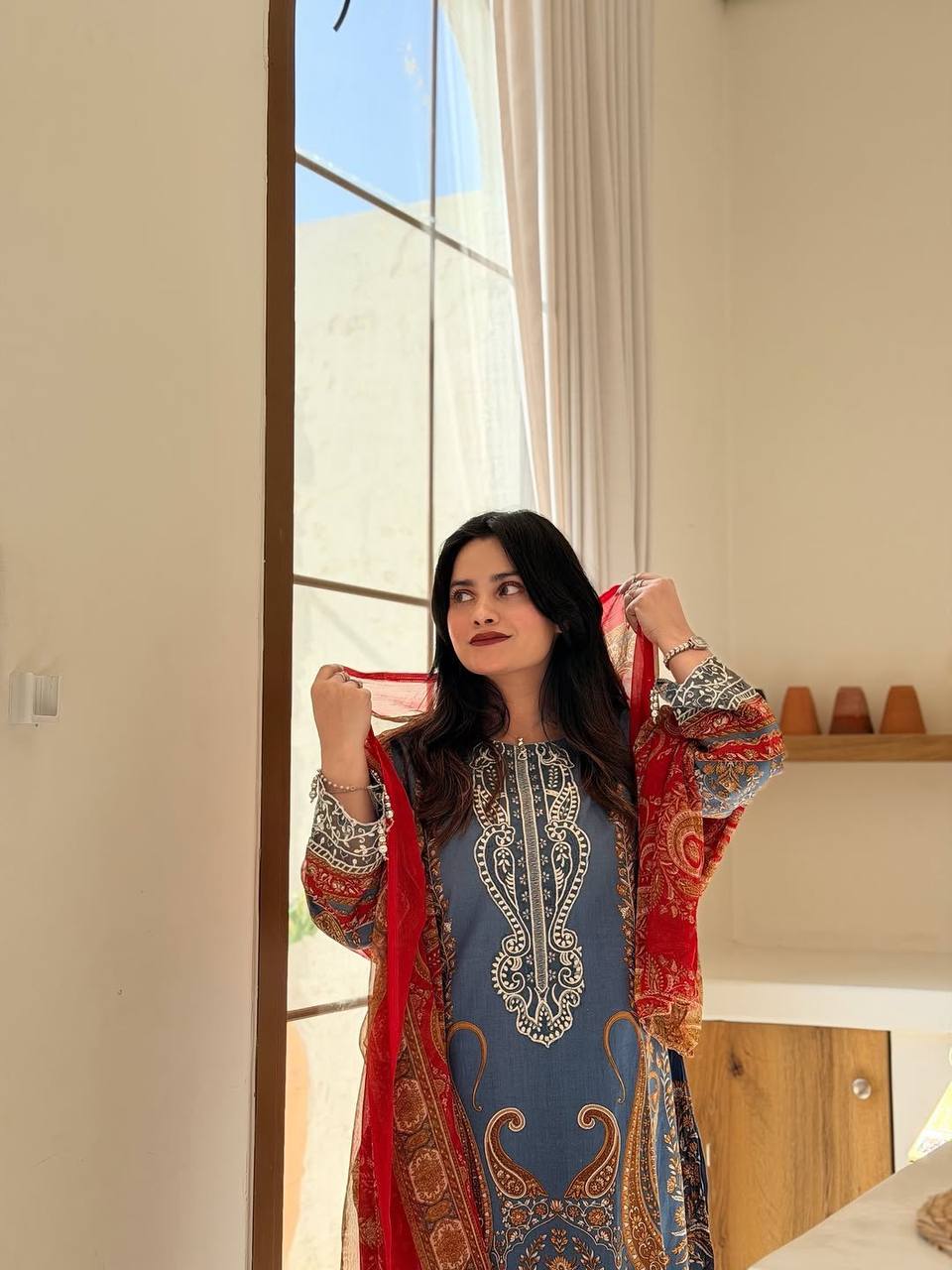Printed Chinon Palazzo Suit with Silver Diamond Neck Work