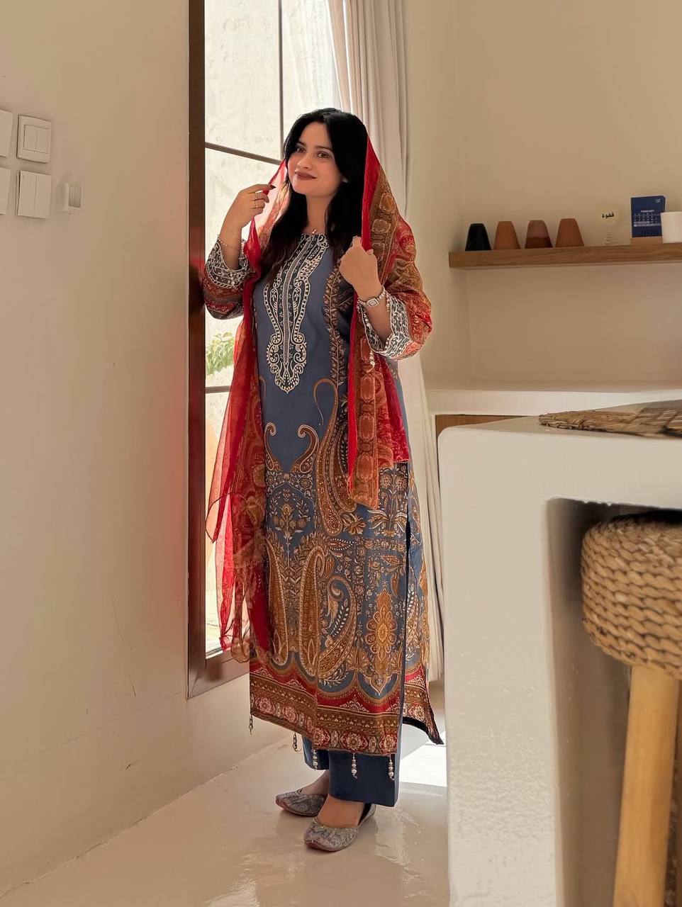 Printed Chinon Palazzo Suit with Silver Diamond Neck Work