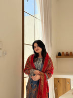 Printed Chinon Palazzo Suit with Silver Diamond Neck Work