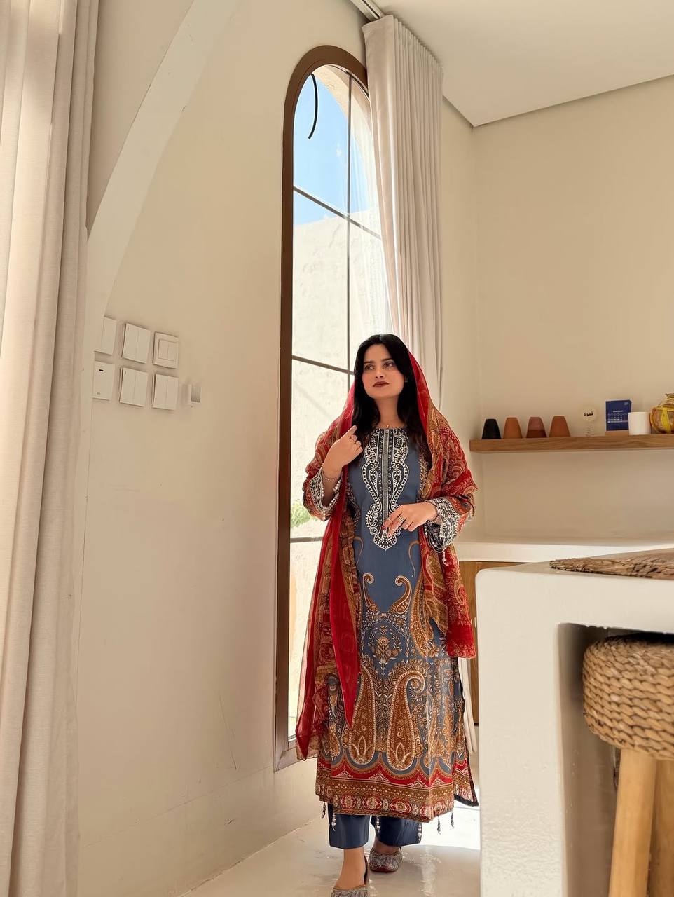 Printed Chinon Palazzo Suit with Silver Diamond Neck Work