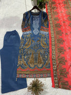 Printed Chinon Palazzo Suit with Silver Diamond Neck Work