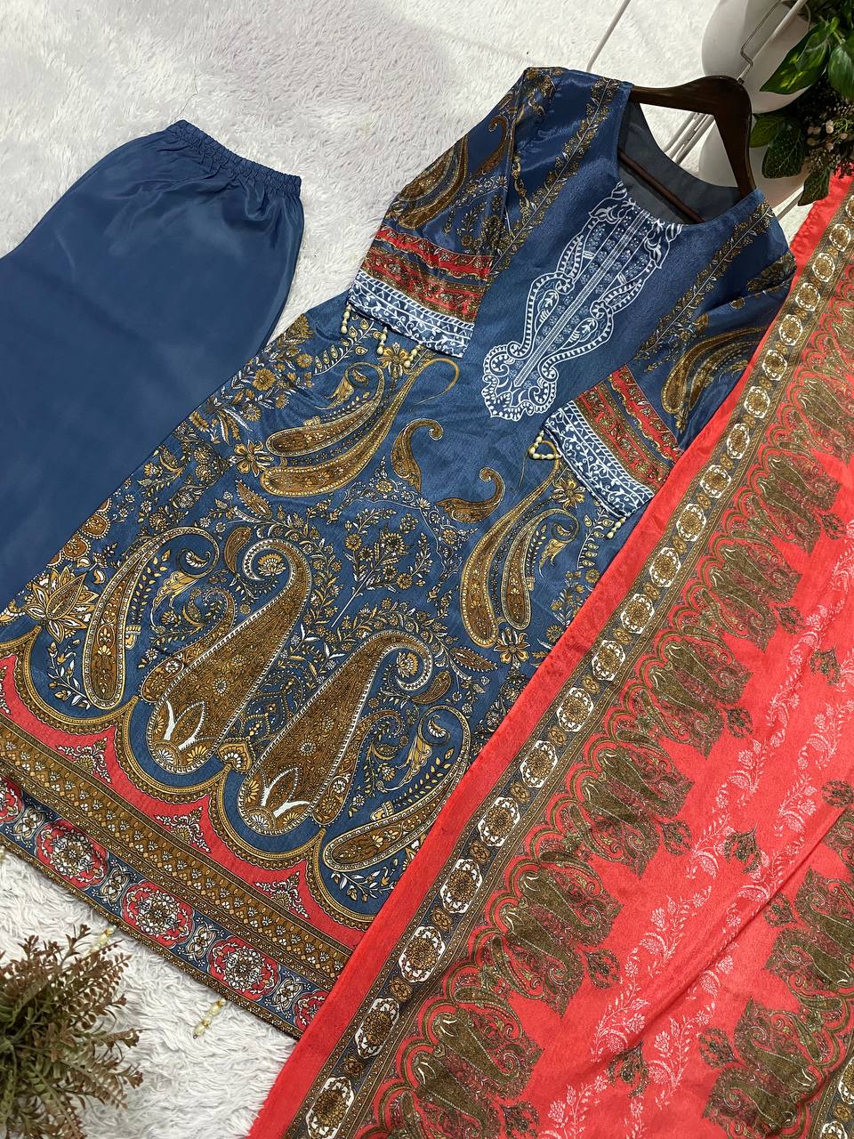 Printed Chinon Palazzo Suit with Silver Diamond Neck Work
