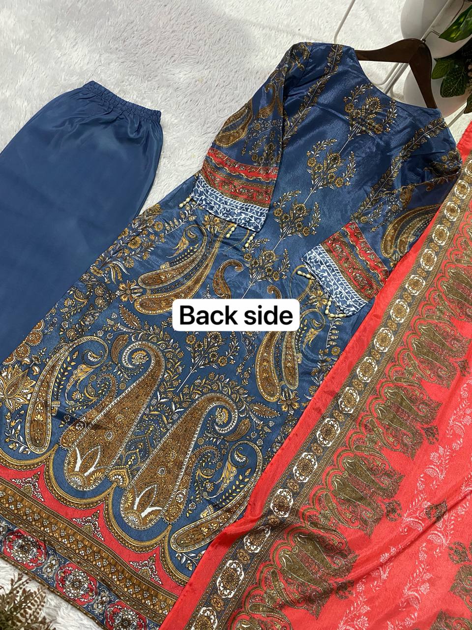 Printed Chinon Palazzo Suit with Silver Diamond Neck Work