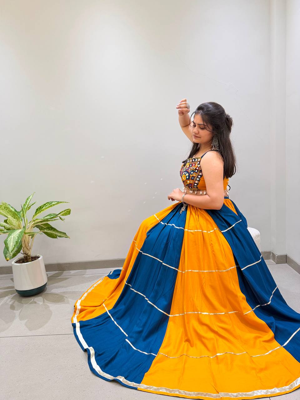 Designer Rayon Embroidered Mirror Work Lehenga Choli with Gota Patti Lace and Bandhni Dupatta
