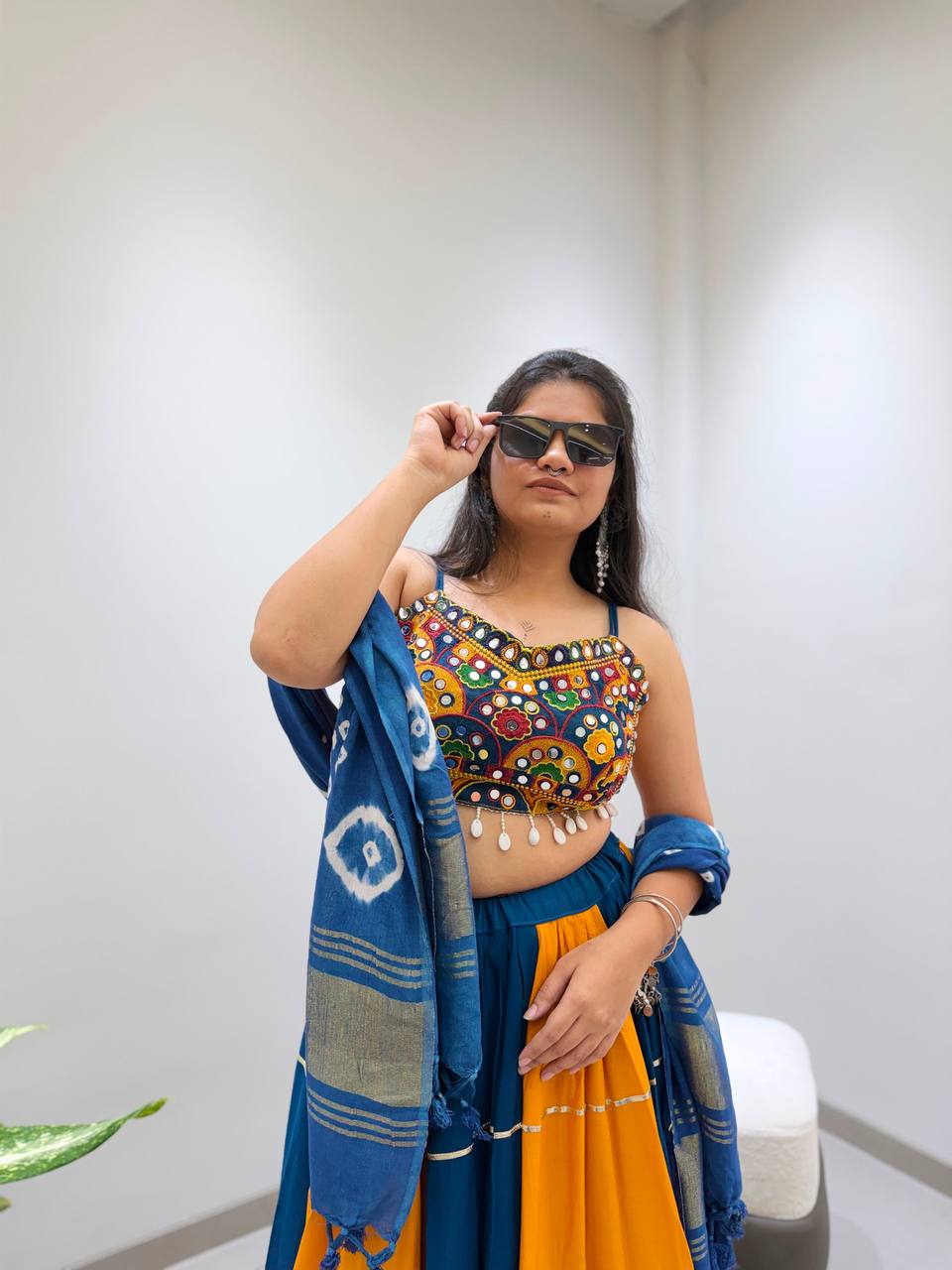 Designer Rayon Embroidered Mirror Work Lehenga Choli with Gota Patti Lace and Bandhni Dupatta