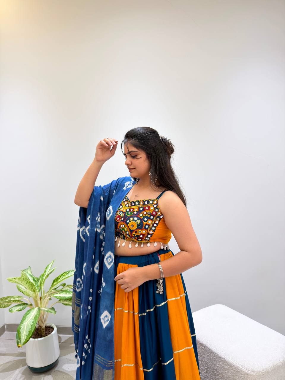 Designer Rayon Embroidered Mirror Work Lehenga Choli with Gota Patti Lace and Bandhni Dupatta