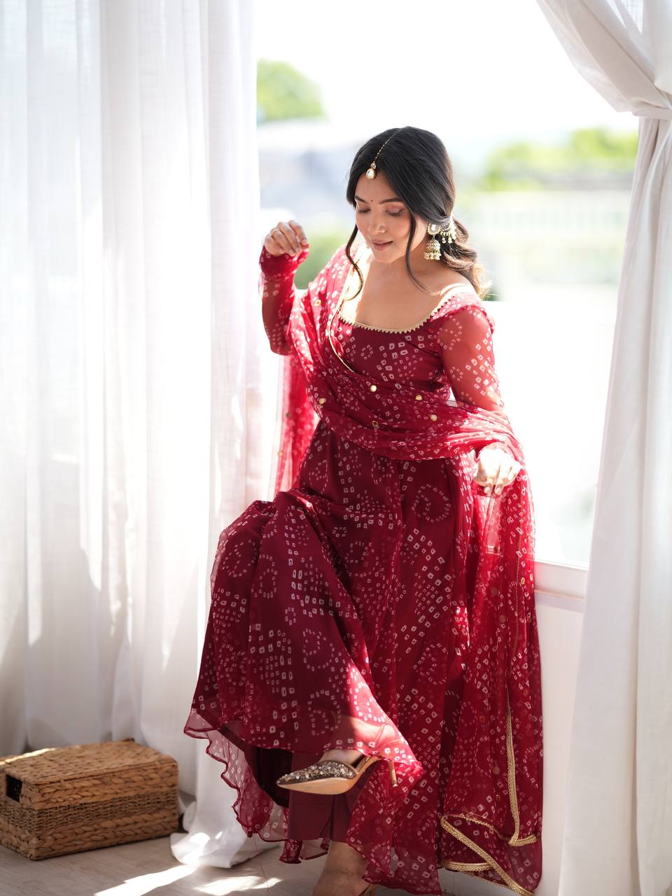 Kashvi Bandhani Print Anarkali Set with Mirror Work Dupatta