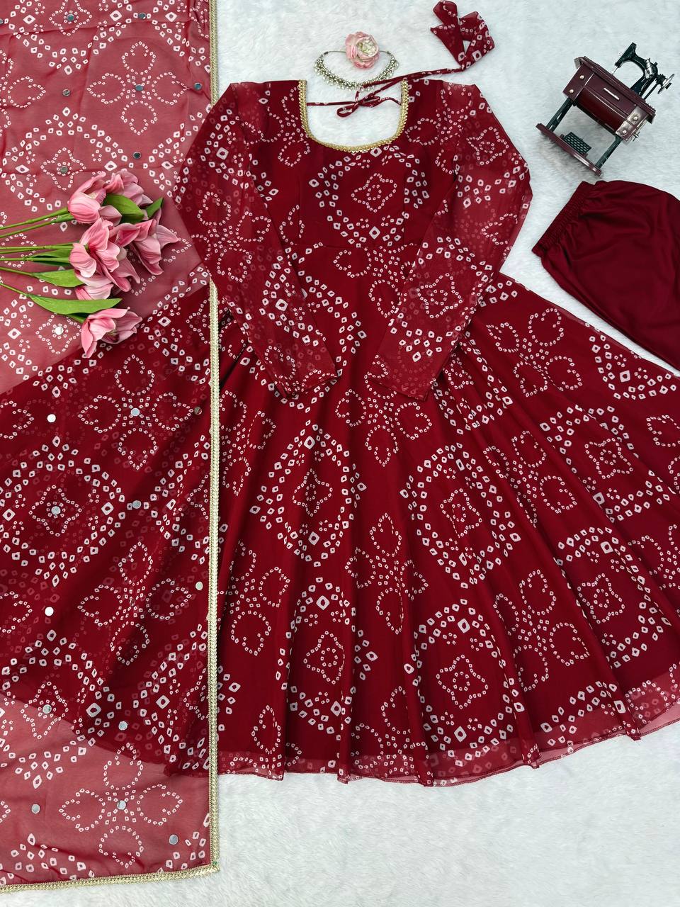Kashvi Bandhani Print Anarkali Set with Mirror Work Dupatta