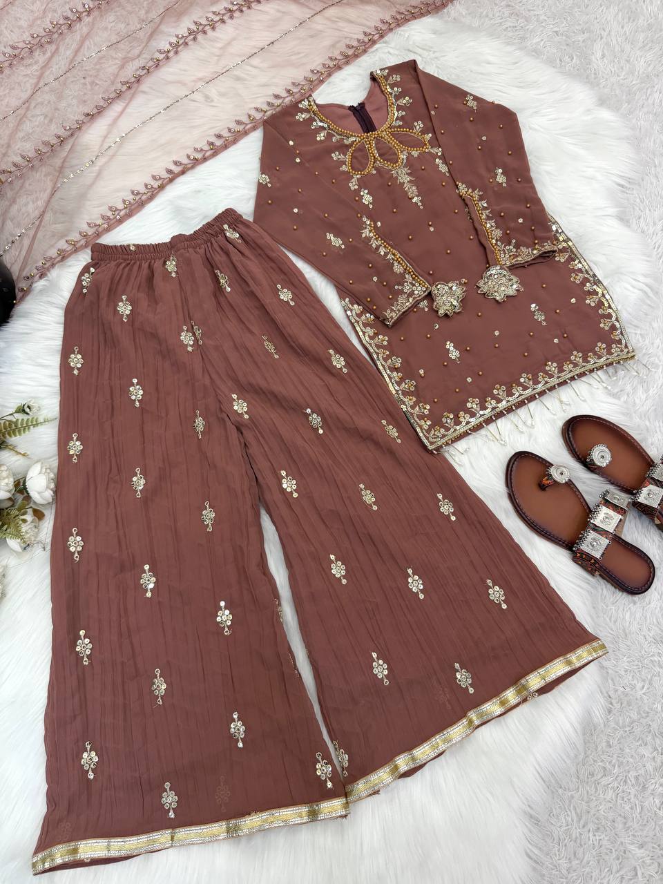 Premium Faux Georgette Suit with Embroidered Tissue Net Dupatta