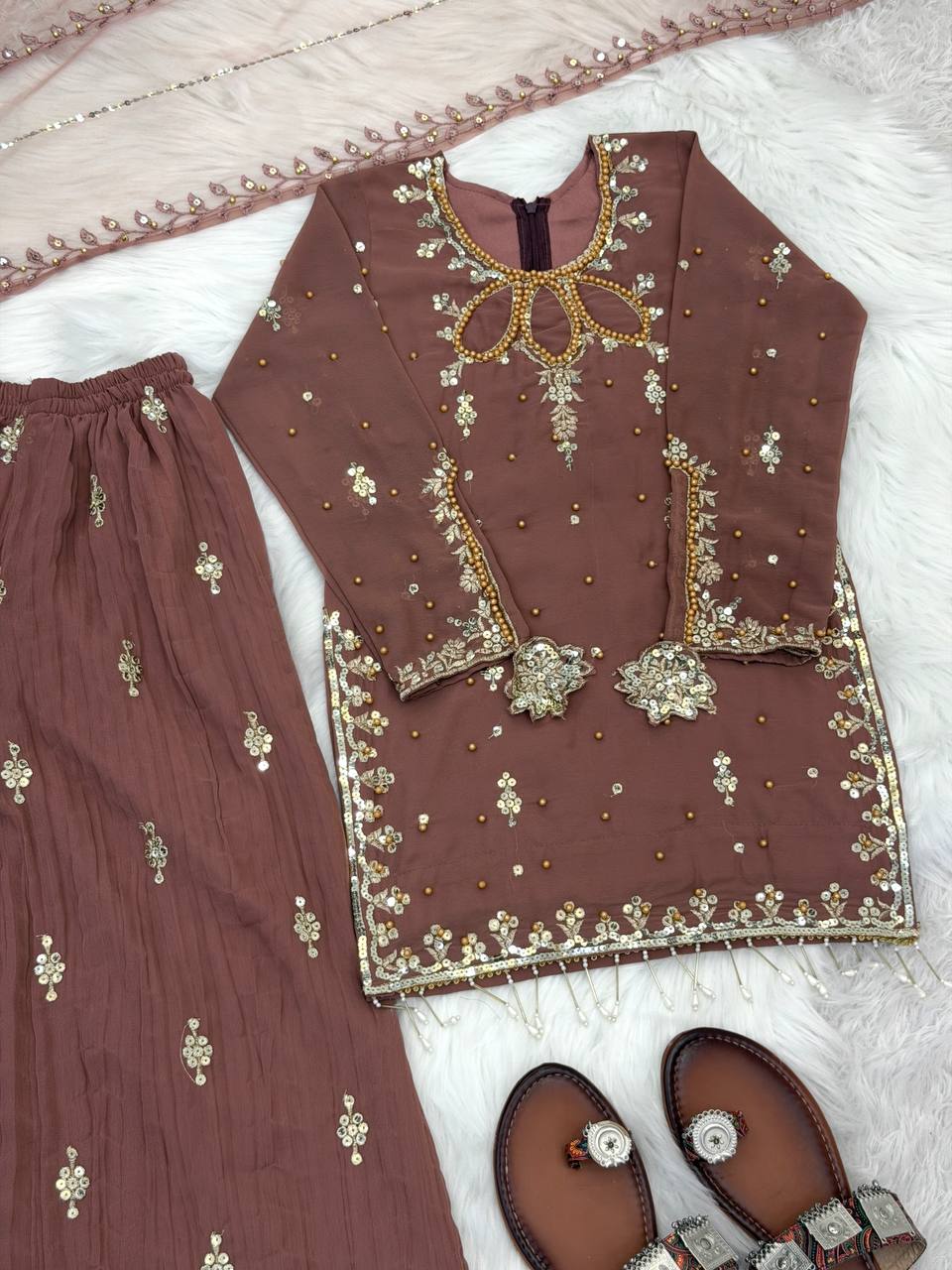 Premium Faux Georgette Suit with Embroidered Tissue Net Dupatta
