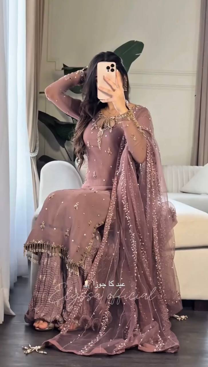 Premium Faux Georgette Suit with Embroidered Tissue Net Dupatta