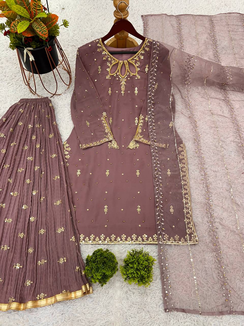 Premium Faux Georgette Suit with Embroidered Tissue Net Dupatta