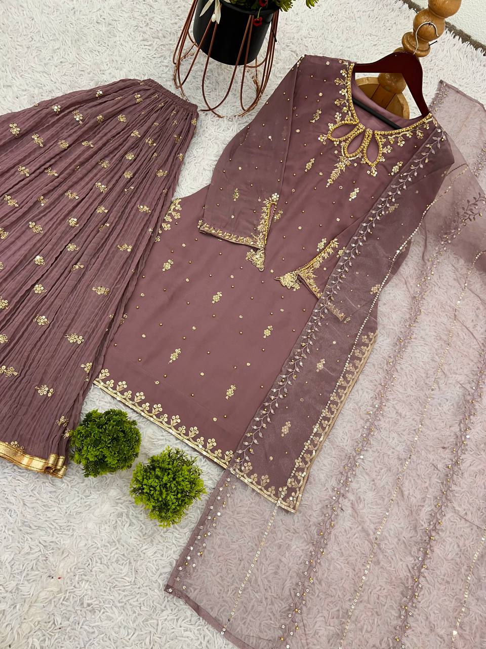 Premium Faux Georgette Suit with Embroidered Tissue Net Dupatta
