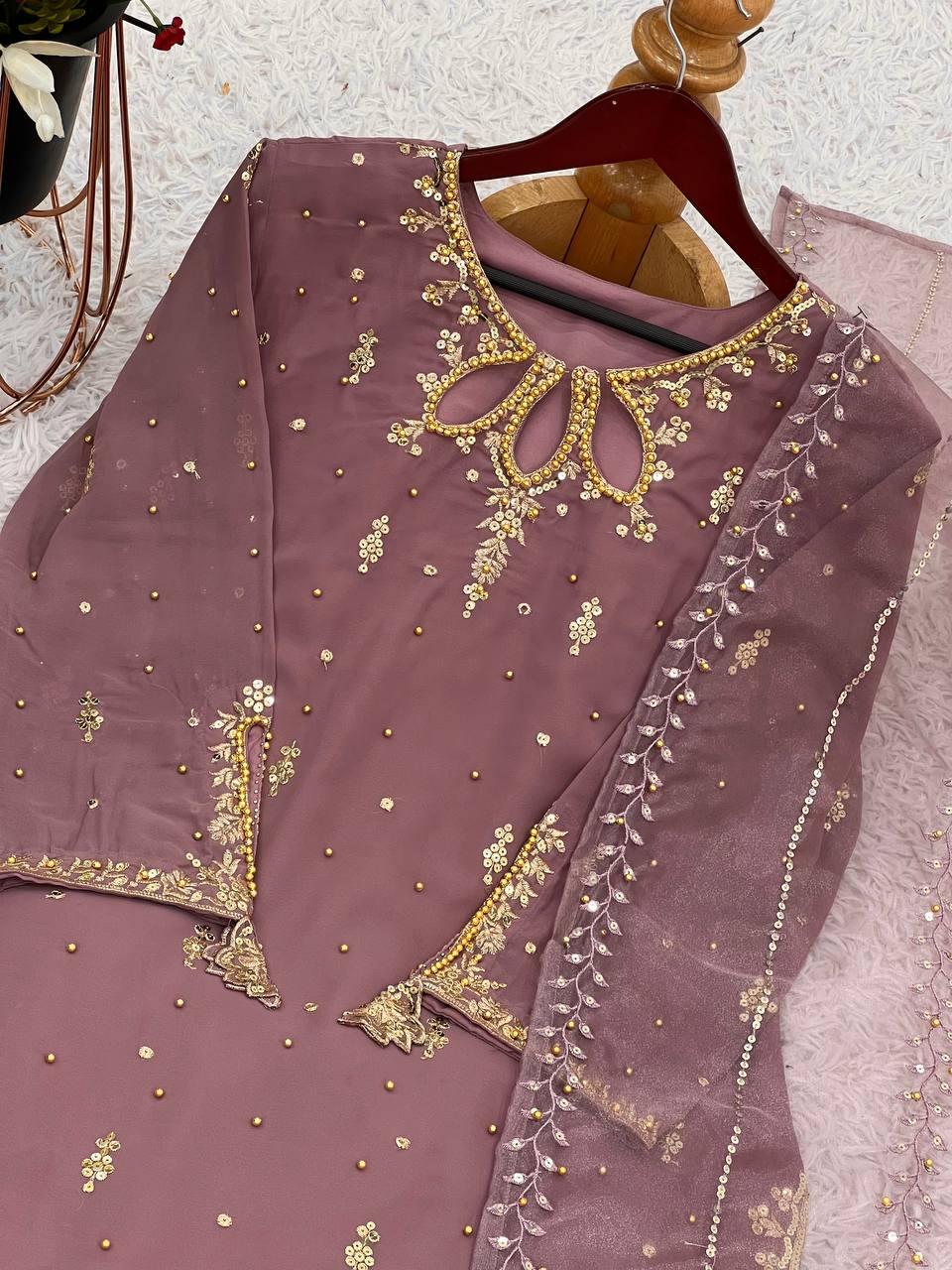 Premium Faux Georgette Suit with Embroidered Tissue Net Dupatta