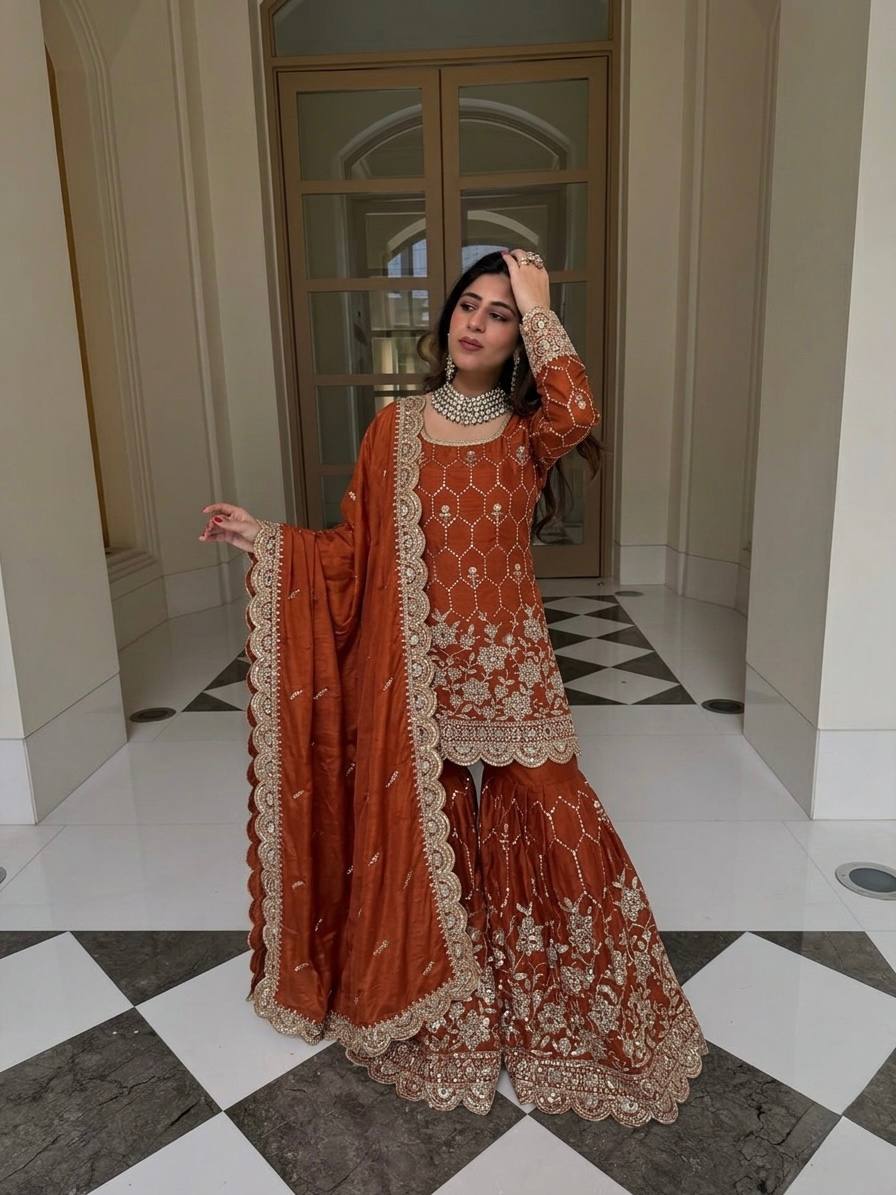 Party Wear Silk Suit with Real Mirror Work & Four Side Lace Dupatta