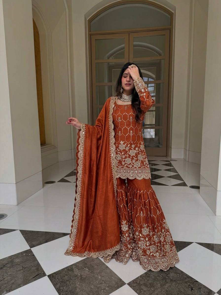 Party Wear Silk Suit with Real Mirror Work & Four Side Lace Dupatta