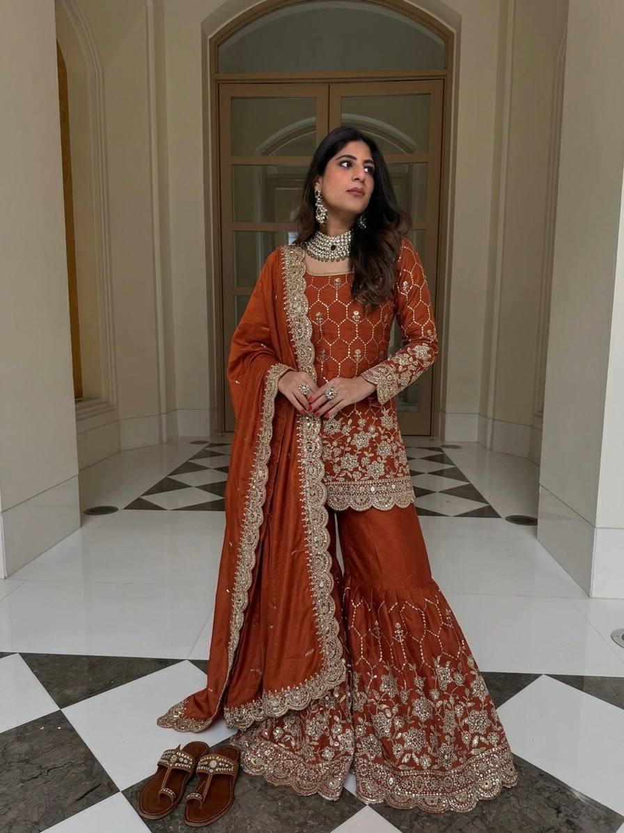 Party Wear Silk Suit with Real Mirror Work & Four Side Lace Dupatta