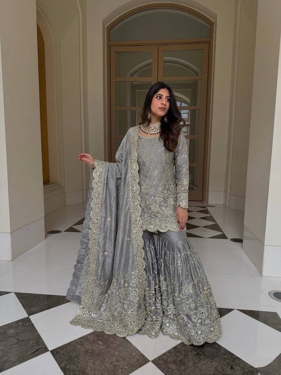 Premium Ethnic Silk Sharara Set with Embroidery and Sequins