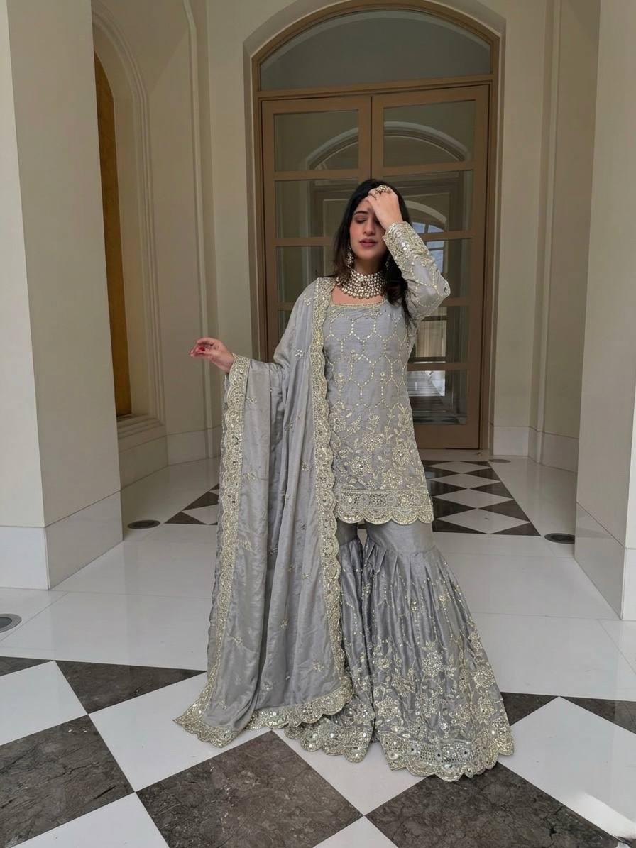 Premium Ethnic Silk Sharara Set with Embroidery and Sequins