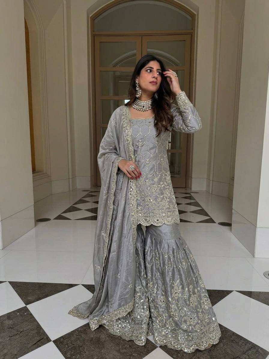 Premium Ethnic Silk Sharara Set with Embroidery and Sequins