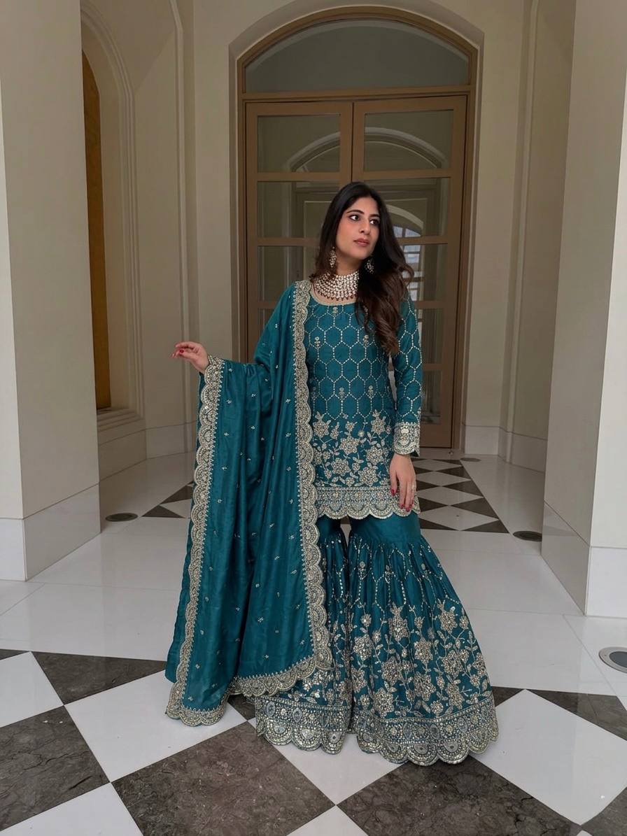 Heavy Silk Designer Suit with Sequins & Mirror Handwork