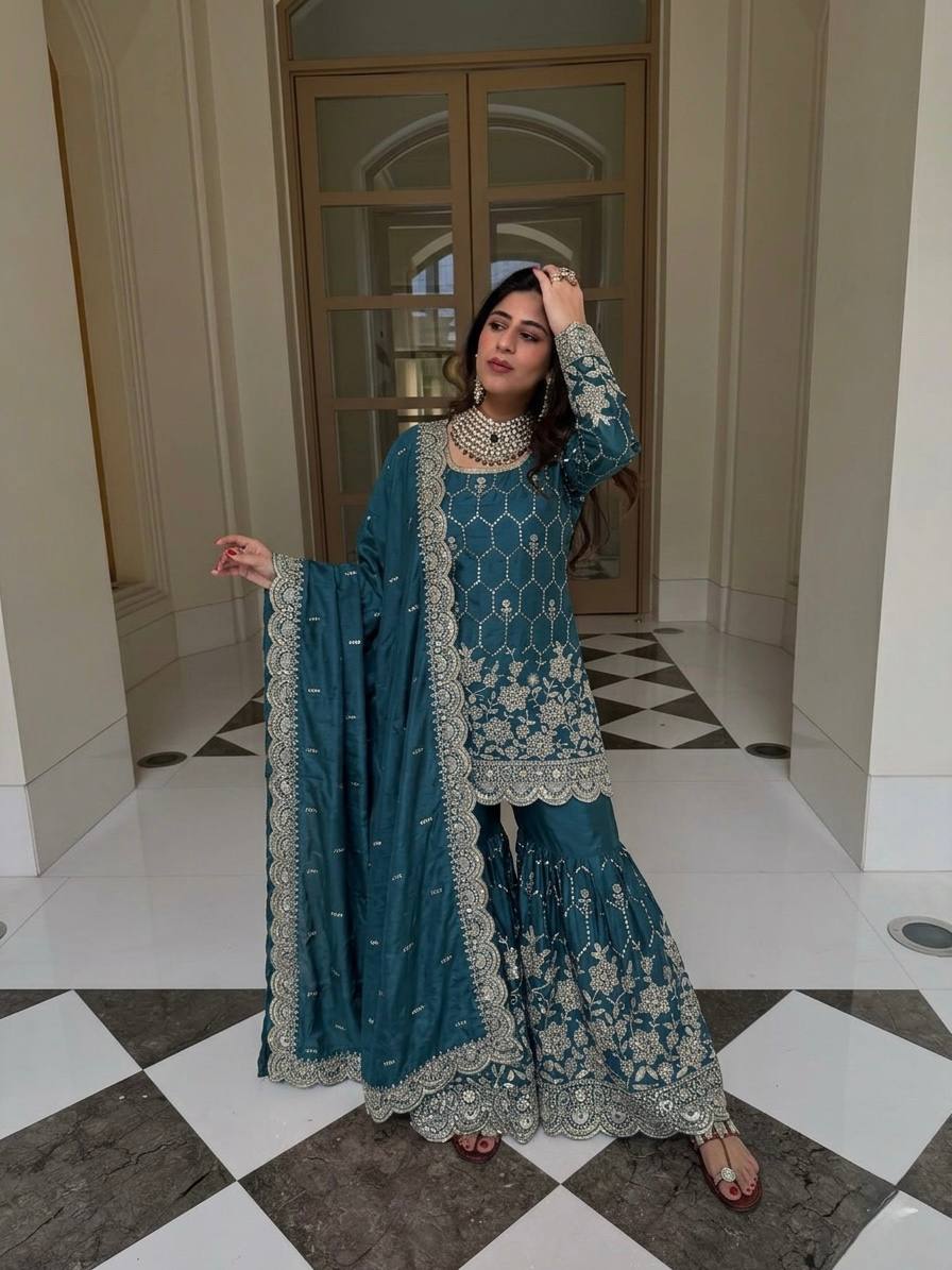 Heavy Silk Designer Suit with Sequins & Mirror Handwork