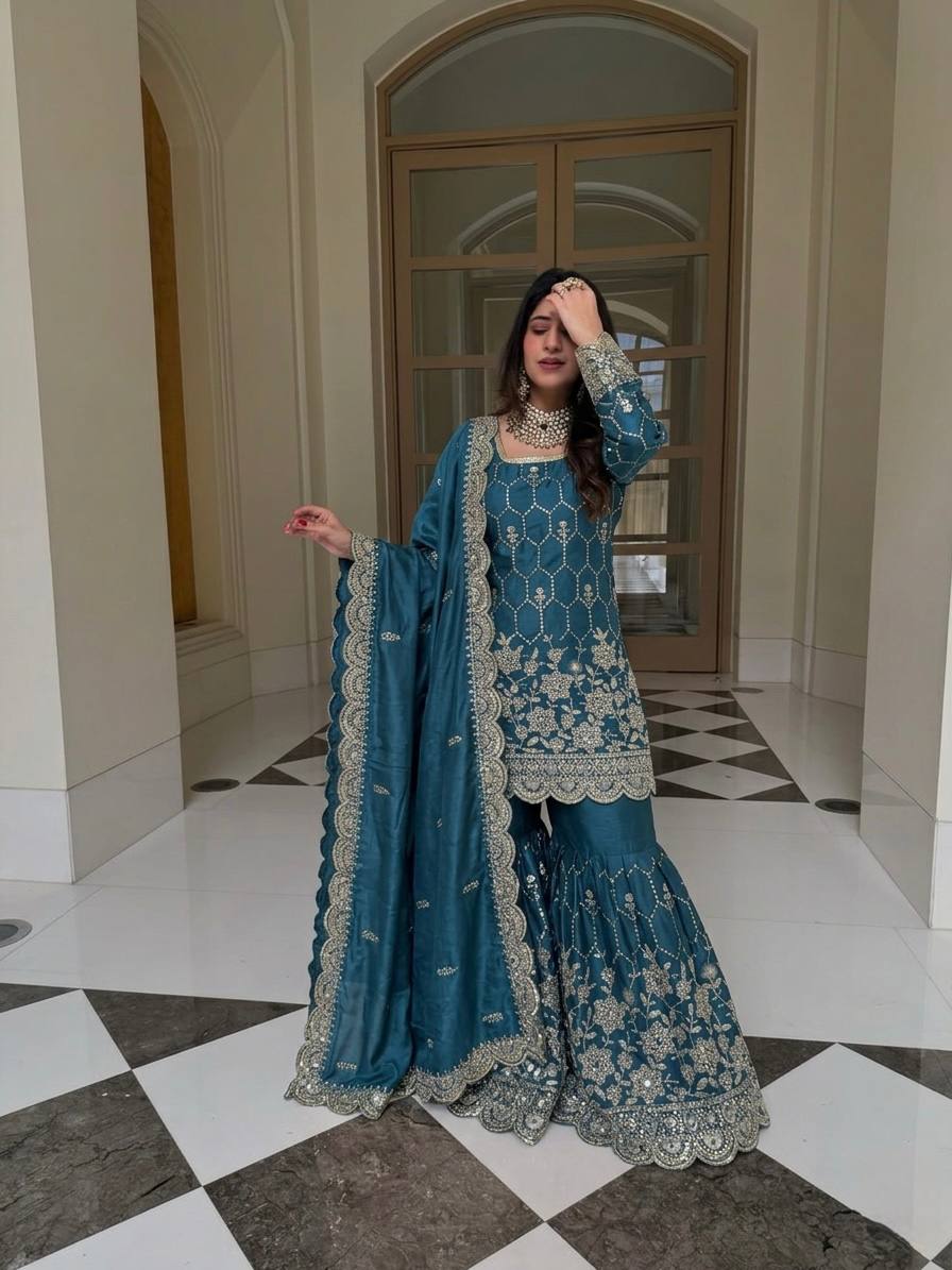 Heavy Silk Designer Suit with Sequins & Mirror Handwork