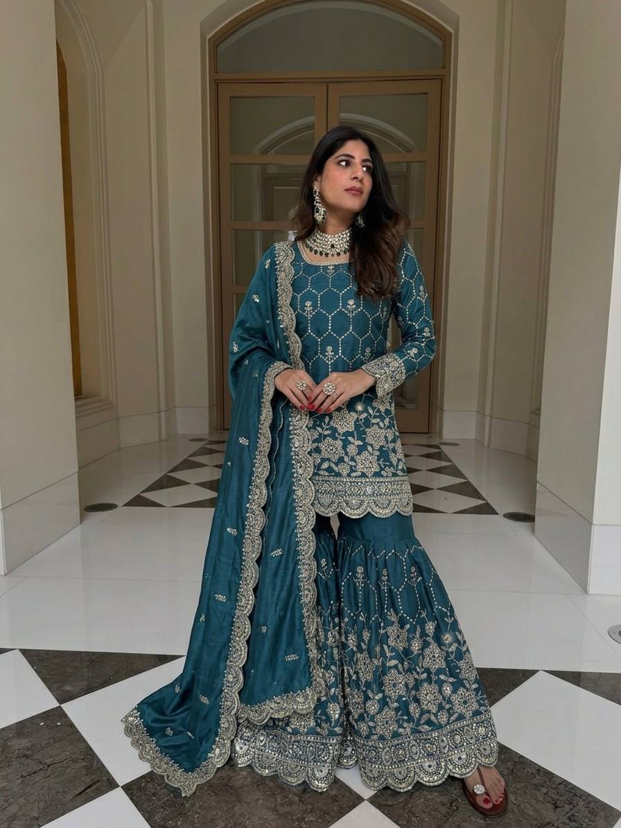 Heavy Silk Designer Suit with Sequins & Mirror Handwork