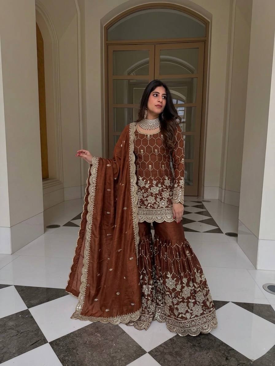 Wedding Wear Silk Sharara Set with Embroidered Dupatta
