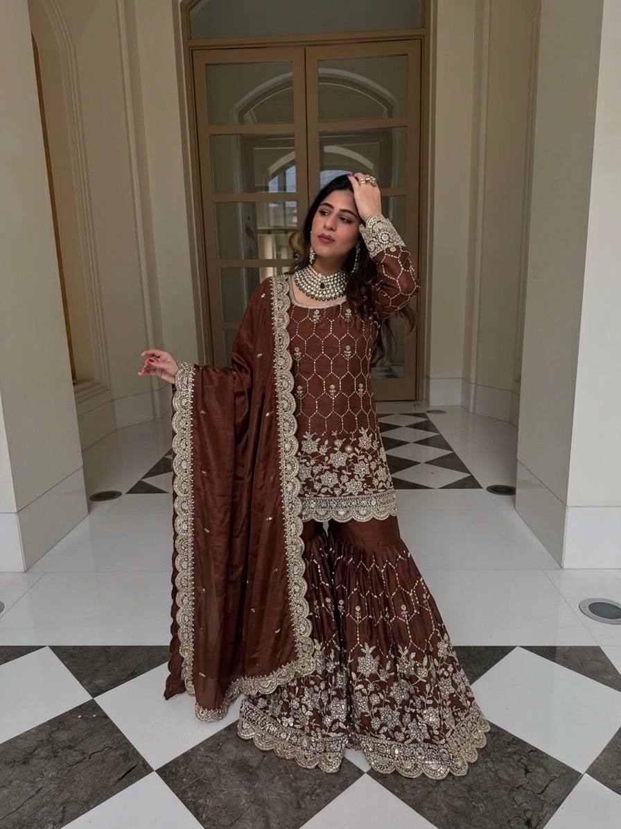 Wedding Wear Silk Sharara Set with Embroidered Dupatta