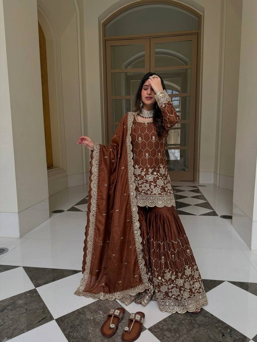 Wedding Wear Silk Sharara Set with Embroidered Dupatta