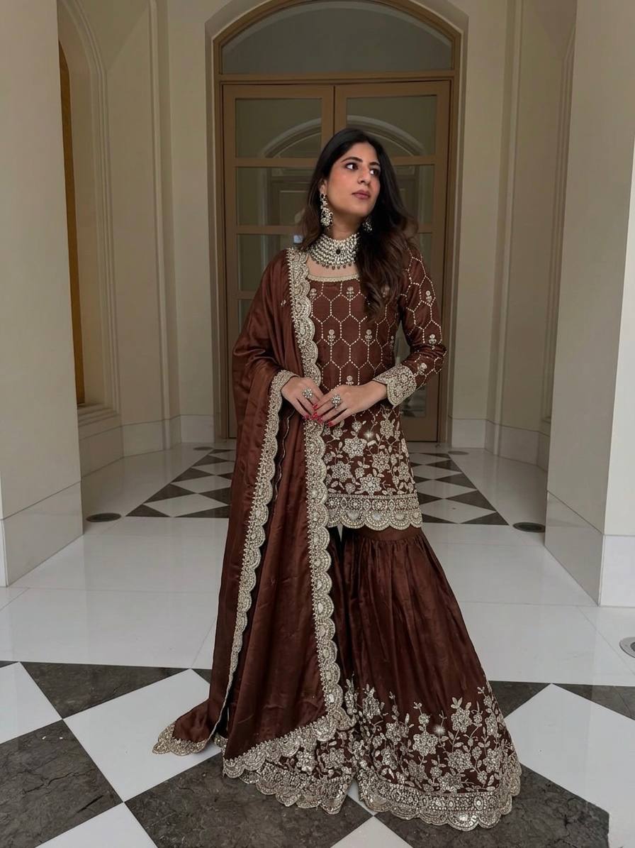 Wedding Wear Silk Sharara Set with Embroidered Dupatta