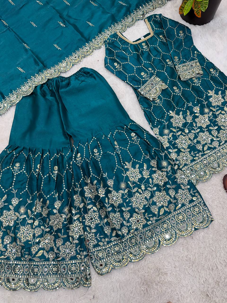 Heavy Silk Designer Suit with Sequins & Mirror Handwork