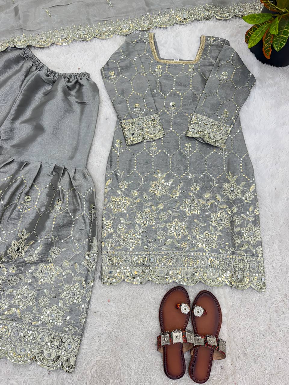 Premium Ethnic Silk Sharara Set with Embroidery and Sequins