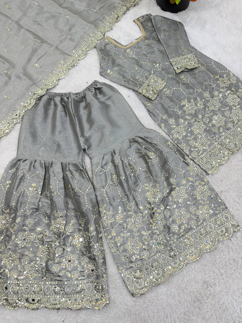 Premium Ethnic Silk Sharara Set with Embroidery and Sequins