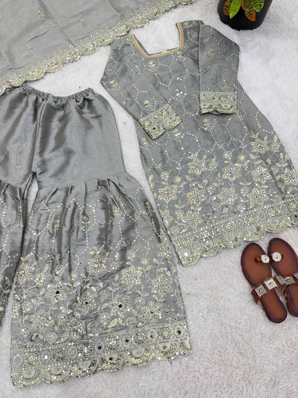 Premium Ethnic Silk Sharara Set with Embroidery and Sequins