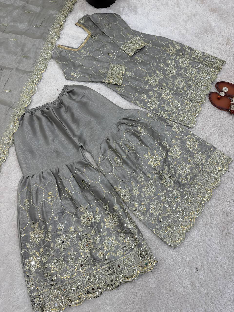 Premium Ethnic Silk Sharara Set with Embroidery and Sequins