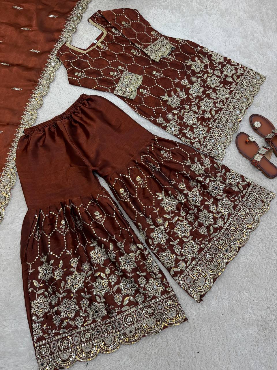 Wedding Wear Silk Sharara Set with Embroidered Dupatta