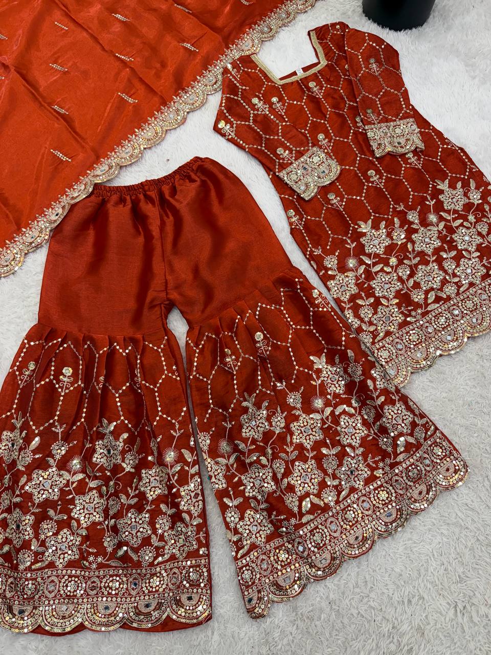 Party Wear Silk Suit with Real Mirror Work & Four Side Lace Dupatta