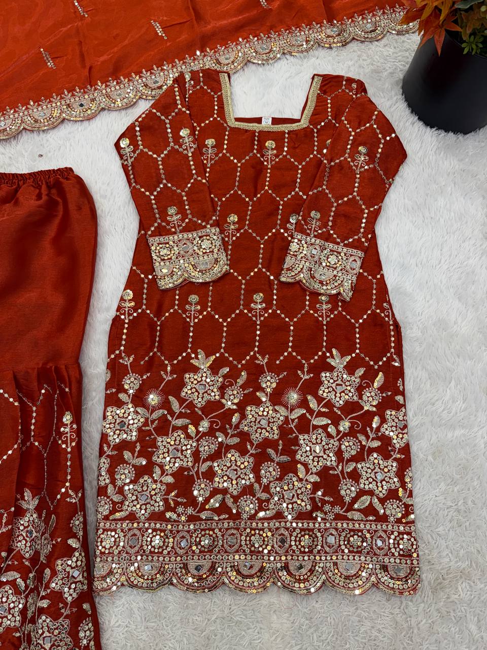 Party Wear Silk Suit with Real Mirror Work & Four Side Lace Dupatta