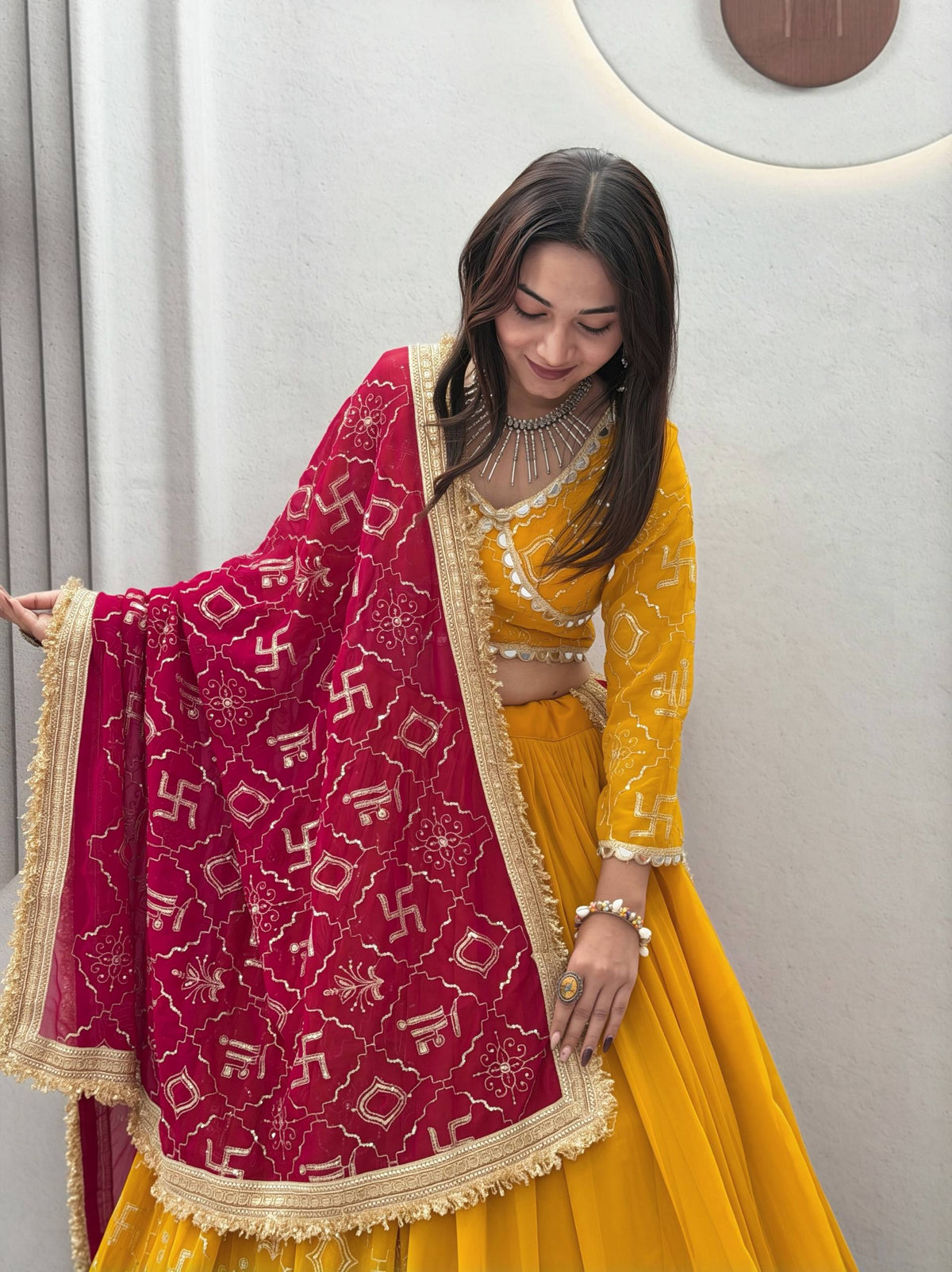 Myra Faux Georgette Embroidered Lehenga Choli with Mirror Lace & Dupatta Set