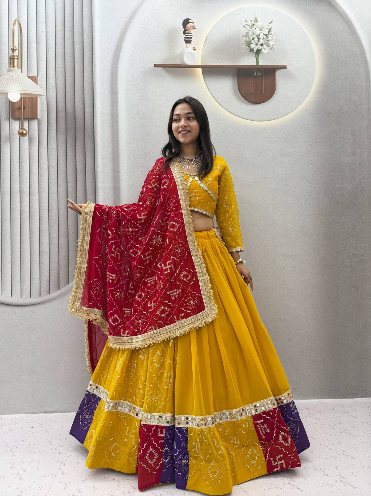 Myra Faux Georgette Embroidered Lehenga Choli with Mirror Lace & Dupatta Set