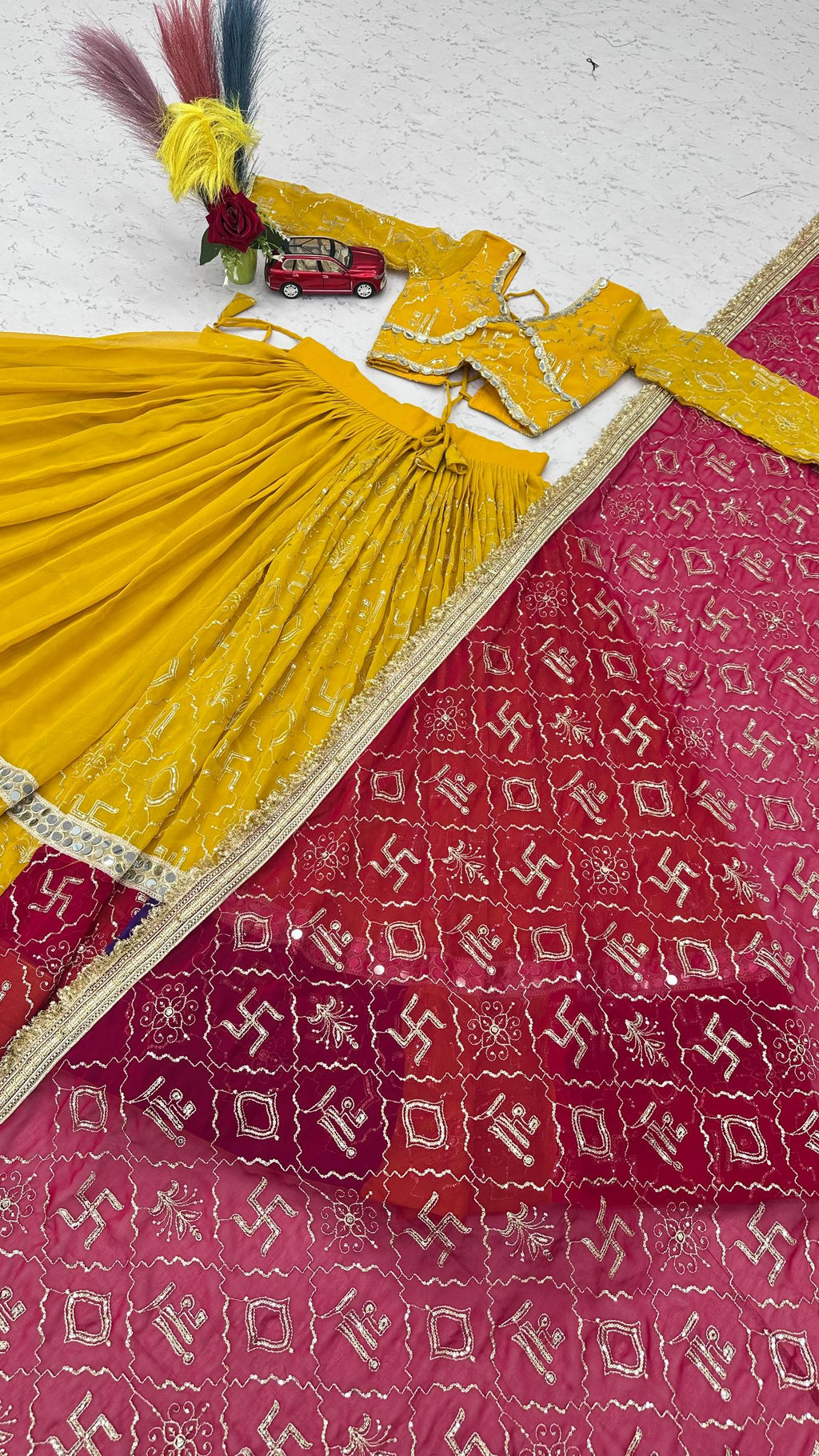 Myra Faux Georgette Embroidered Lehenga Choli with Mirror Lace & Dupatta Set